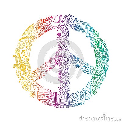 Vector peace symbol made of hippie theme doodle handdrawn icons, pacifism sign. Hippie style ornamental background. Love Vector Illustration