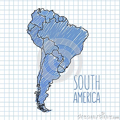 Vector pen hand drawn South America map on paper Vector Illustration