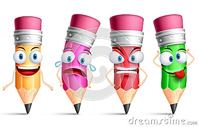 Vector pencil character or mascot colorful set with facial expressions Vector Illustration