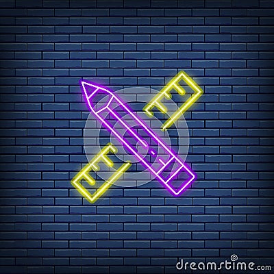 Vector pencil and ruler, project, art neon sign. Vector Illustration