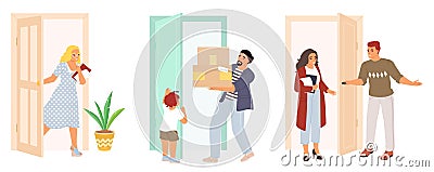 Vector people come in and out of doors scene set Cartoon Illustration