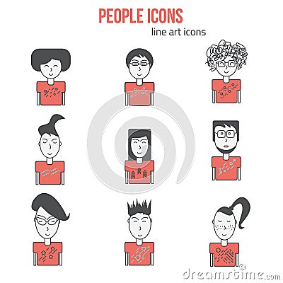 Vector People icons set in linear style. Modern people icons avatars. Hipster people icons. Can be used for banners and Vector Illustration