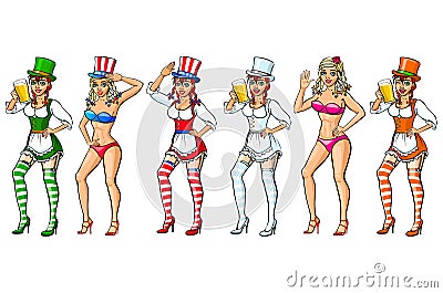 Vector People Set with Beautiful Women. Student, Fitness, Selfie Girl, Office and a Housewife. Colorful Collection. USA. Ireland. Vector Illustration