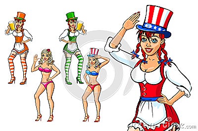 Vector People Set with Beautiful Women. Student, Fitness, Selfie Girl, Office and a Housewife. Colorful Collection. USA. Ireland. Vector Illustration