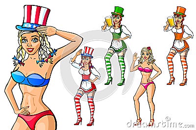 Vector People Set with Beautiful Women. Student, Fitness, Selfie Girl, Office and a Housewife. Colorful Collection. USA. Ireland. Vector Illustration