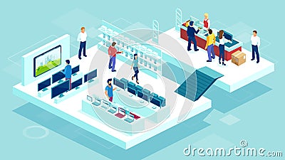 Vector of people shopping in a mall consumer electronics department Vector Illustration