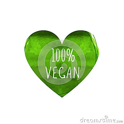 Vector 100 Percent Vegan Sign, Colorful Green Heart Shaped Leaf with Handwritten Words Isolated on White Background. Vector Illustration