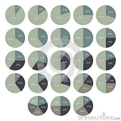 Vector percentage infographics. 10 15 20 25 30 35 40 45 50 55 60 65 70 75 80 85 90 percent pie charts. Circle diagrams isolated Vector Illustration