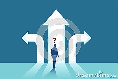 Vector of perplexed businessman with question mark standing in front of arrows crossroads Stock Photo