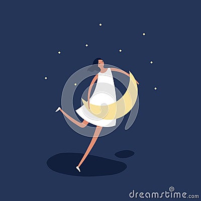 Vector person dream modern illustration. Trendy style female in dress fly over the moon to star isolated on blue night sky Cartoon Illustration