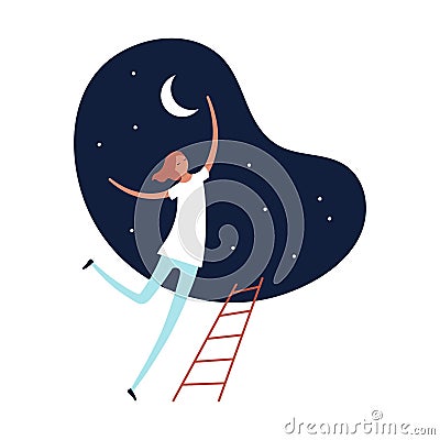 Vector person dream modern illustration. Trendy style female in dress fly over to star and stairway isolated on blue night sky Cartoon Illustration