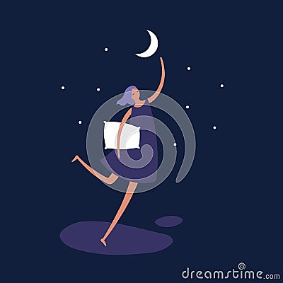Vector person dream modern illustration. Trendy style female fly over the moon to star isolated on blue night sky background. Cartoon Illustration