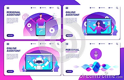 Vector personal assistant, voice assistant, online robotic assistant landing page set Vector Illustration