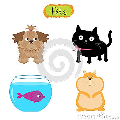 Vector pets illustration Cute set White background Cat, dog, fish, hamster Flat design Vector Illustration