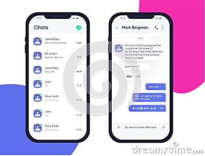 Vector phone chat interface. Sms messages. Speech bubbles. Short message service bubbles. Flat interface. UI UX Vector Illustration