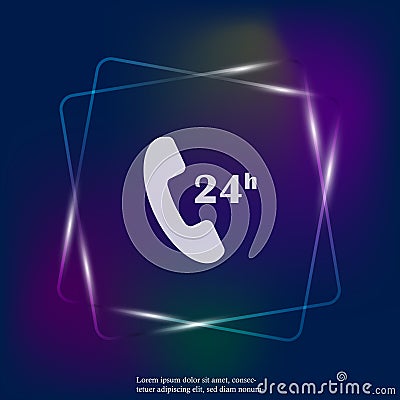 Vector phone neon light icon. Support 24 hours a day. Round the Vector Illustration