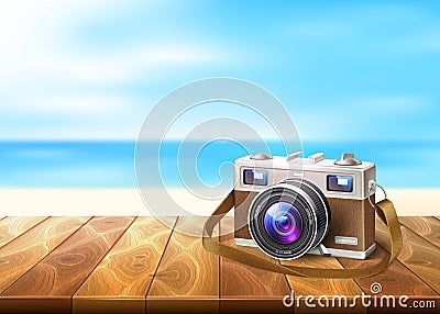 Vector photo camera wood walkway seaside coastline Vector Illustration