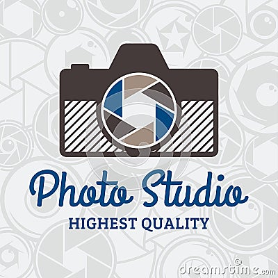 Vector Photo Studio Logo over Camera Shutter and Lenses Pattern Vector Illustration