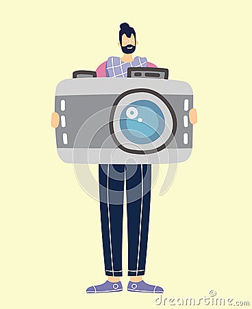 Vector photographer character web icon with big photo camera Vector Illustration