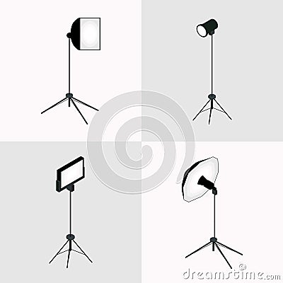 Vector photographer studio lighting equipment icon set. Spotlight and lamp, flash and professional technology photographic. Vector Illustration