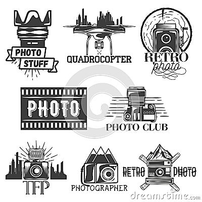 Vector photography theme set in vintage style. Monochrome logo, banner, badges or emblems for photo studio. Isolated Vector Illustration