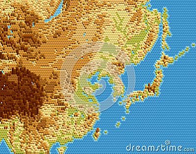 Vector physical map of East Asia stylized using embossed hexagons Vector Illustration