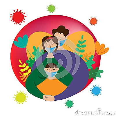 Vector picture of a family isolated from coronavirus. Slogan - take care of your neighbor Vector Illustration