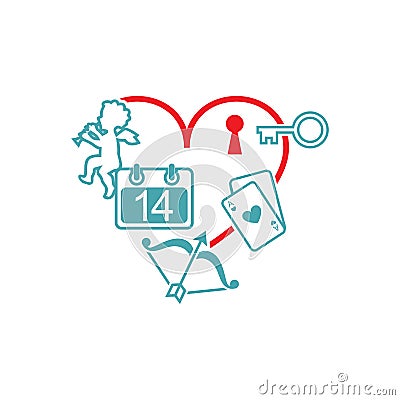 The vector picture heart and a key to the lock, the calendar, an angel, onions with an arrow, playing cards Stock Photo