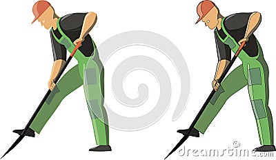 Vector picture of a man digs ground by shovel in 2 options- with outlines and without outline Vector Illustration