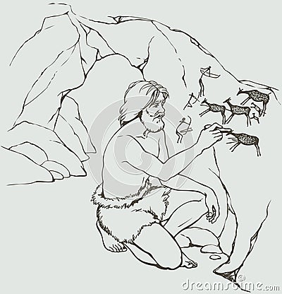 Vector picture. Primitive man draws on stone wall of cave Vector Illustration