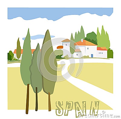 Vector picture rustic Spanish houses and cypresses Vector Illustration