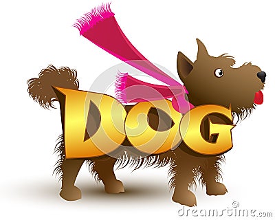 Vector picture, a shaggy, fluffy small brown dog dressed with a scarf Stock Photo