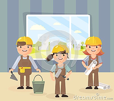 Vector picture in the style of the flat. Repair and a team of repairmen in helmets, they are going to do repairs and construction Vector Illustration