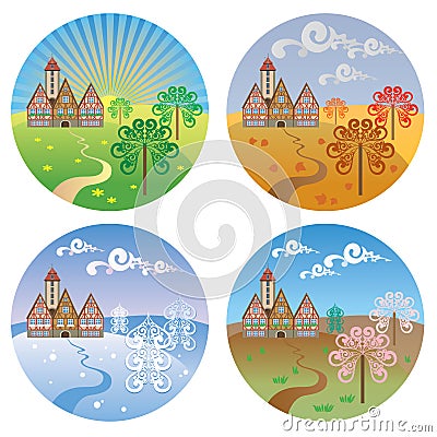 Vector pictures with landscapes four seasons Stock Photo