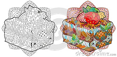 Vector piece of cake with abstract ornaments with mandala for coloring. Color and outline set Vector Illustration
