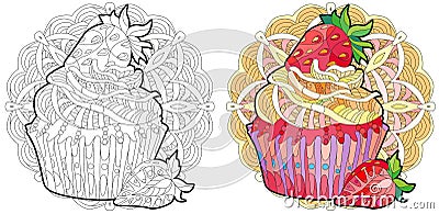 Vector piece of cake with strawberry and abstract ornaments on a patterned round substrate for coloring. Vector Illustration