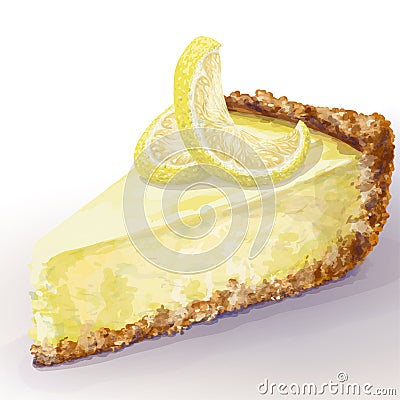 Vector piece of cheesecake with airy and tender, delicate creamy-curd cheese. Crisp and crumble cake with back Vector Illustration