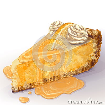 Vector piece of cheesecake with airy and tender, delicate creamy-curd cheese. Crisp and crumble cake with back Vector Illustration