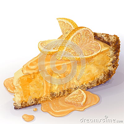 Vector piece of cheesecake with airy and tender, delicate creamy-curd cheese. Crisp and crumble cake with back Vector Illustration