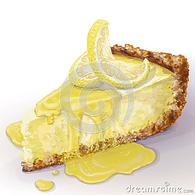 Vector piece of cheesecake with airy and tender, delicate creamy-curd cheese. Crisp and crumble cake with back Vector Illustration