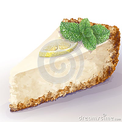 Vector piece of cheesecake cake with airy and tender, delicate creamy cheese-cream. Crisp and crumble cake with back. Ripe lemon Stock Photo