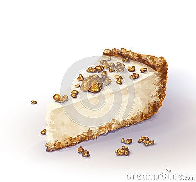 Vector piece of cheesecake cake with airy and tender, delicate creamy-curd cheese. Crisp and crumble cake with back Vector Illustration