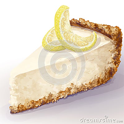 Vector piece of cheesecake cake with airy and tender, delicate creamy-curd cheese. Crisp and crumble cake with back, appetizing, Stock Photo