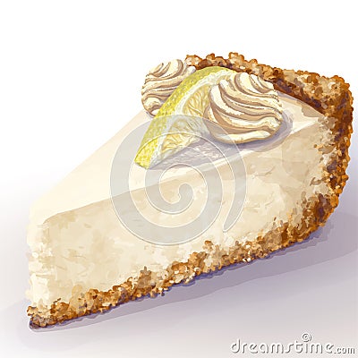 Vector piece of cheesecake cake with airy and tender, delicate creamy-curd cheese. Crisp and crumble cake with back, appetizing, Stock Photo