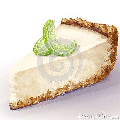 Vector piece of cheesecake cake with airy and tender, delicate creamy-curd cheese. Crisp and crumble cake with back Stock Photo