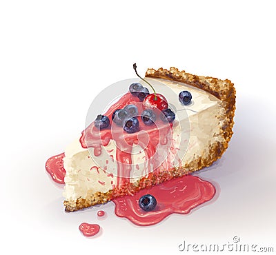 Vector piece of cheesecake cake with airy and tender, delicate creamy-curd cheese. Crisp and crumbly cake with back Vector Illustration