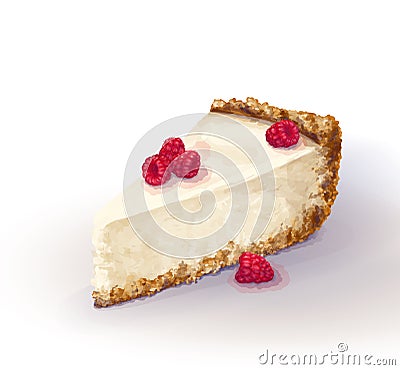 Vector piece of cheesecake cake with airy and tender, delicate creamy-curd cheese. Crisp and crumbly cake with raspberry Vector Illustration