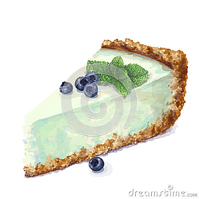 Vector piece of cheesecake cake with airy and tender, delicate creamy-peppermint cheese-cream. Crisp and crumble cake Vector Illustration