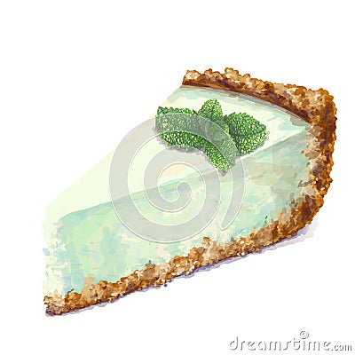 Vector piece of cheesecake cake with airy and tender, delicate creamy-peppermint cheese-cream. Crisp and crumble cake Vector Illustration