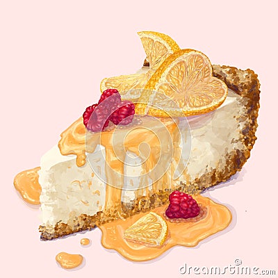 Vector piece of cheesecake with tender, delicate creamy-curd cheese. Crisp and crumble cake with back, appetizing Vector Illustration